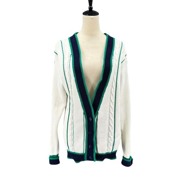 Vintage Heirlooms Dependables Unisex White Cable Knit Nautical Cardigan Sweater - Picture 1 of 9